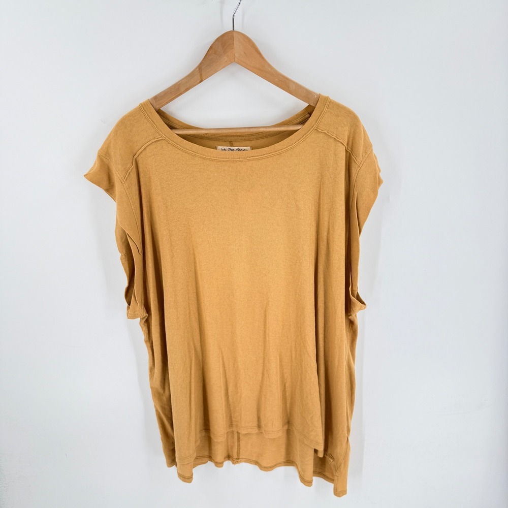 We The Free T-Shirt Mustard Medium Boho Relaxed Raw Hem Free People Top
